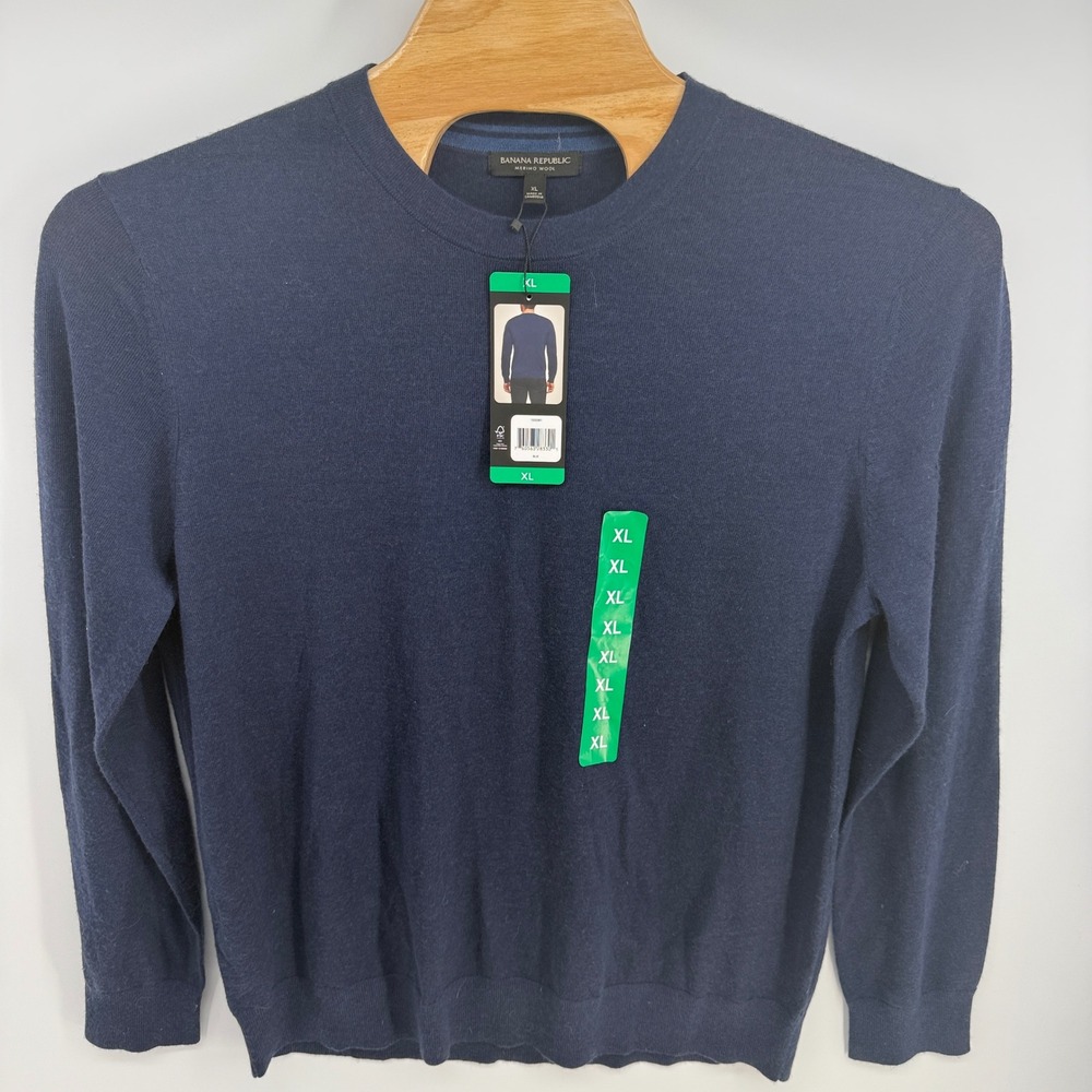 Banana Republic Mens XL Merino Wool Crew Neck Sweater Navy Blue NWT Fine Knit